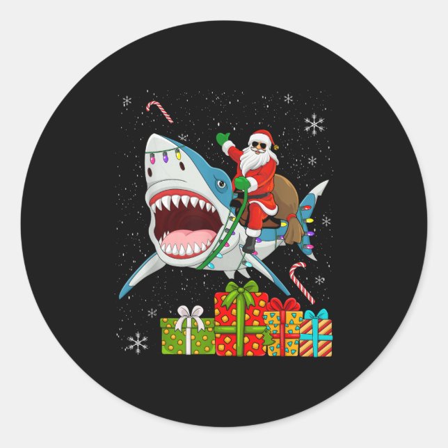 Pegatina Redonda Santa Riding Shark Christmas Pajama Cute Ocean Ani (Anverso)