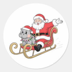 Pegatina Redonda Santa Riding Sleigh con un bebé moo deng Hippo