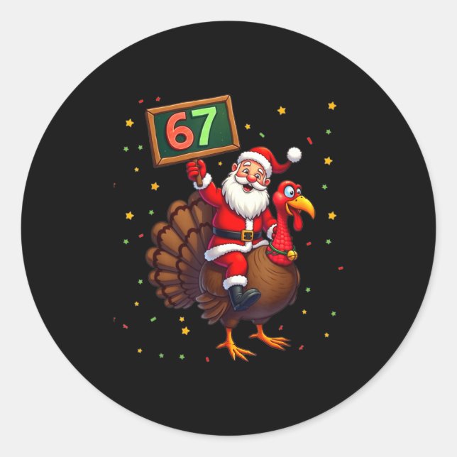 Pegatina Redonda Santa Riding Turkey Take Number 67 Christmas &amp; (Anverso)