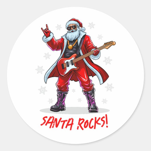 Pegatina Redonda ¡Santa Rocks! Gracioso Santa Claus tocando la guit (Anverso)