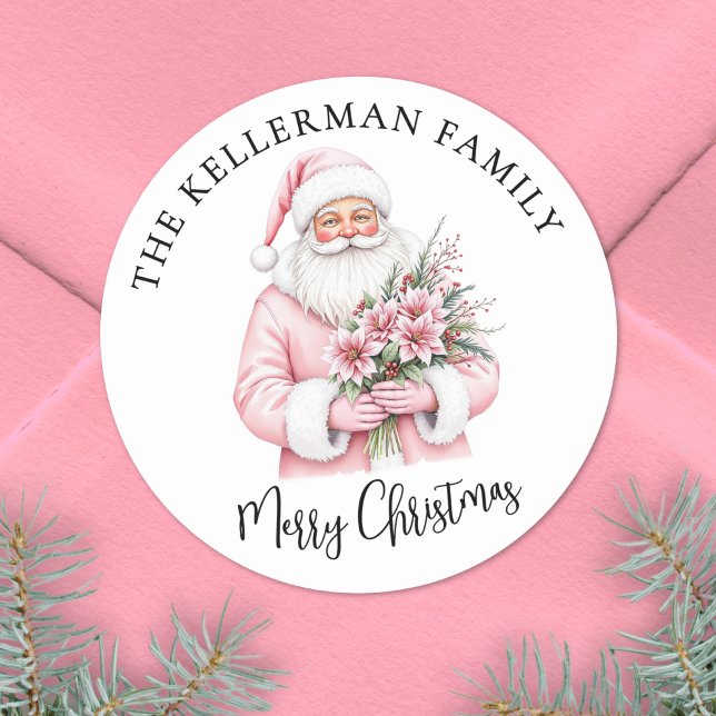 Pegatina Redonda Santa Rosa de Navidad Feliz Navidad (Pink Santa Merry Christmas Classic Round Sticker)