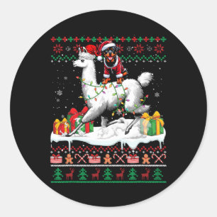 Pegatina Redonda Santa Rottweiler Riding Llama Navidades Sweater Lo