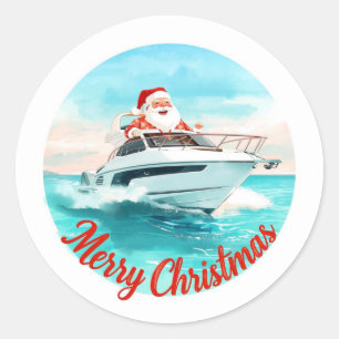 Pegatina Redonda Santa Sailing – Navidad Tropical junto al Mar