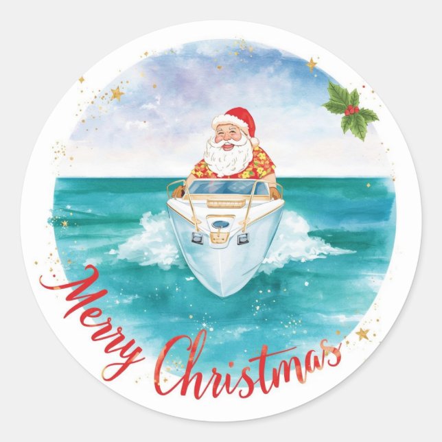Pegatina Redonda Santa Sailing – Tropical Christmas by the Sea (Anverso)