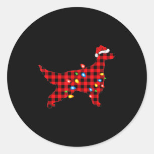 Pegatina Redonda Santa Setter Irlandés de Plaid Búfalo Rojo Navidad