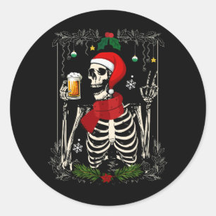 Pegatina Redonda Santa Skeleton Beer Retro Feliz Navidad