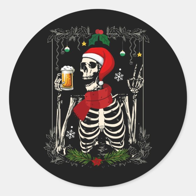 Pegatina Redonda Santa Skeleton Beer Retro Feliz Navidad (Anverso)