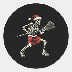 Pegatina Redonda Santa Skeleton Jugando Lacrosse Funny Lax Player C