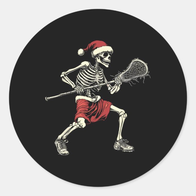Pegatina Redonda Santa Skeleton Jugando Lacrosse Funny Lax Player C (Anverso)