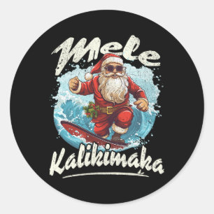 Pegatina Redonda Santa Surfing Mele Kalikimaka Aloha Hawái Navidad