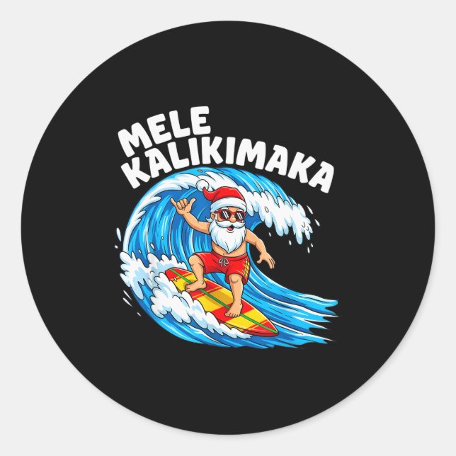 Pegatina Redonda Santa Surfing Mele Kalikimaka Hawaiian Christmas  (Anverso)