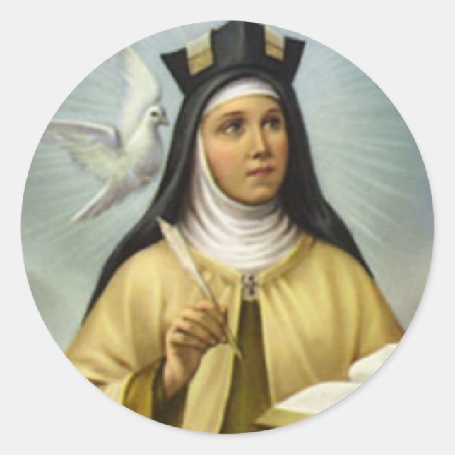 Pegatina Redonda Santa Teresa de Avila Carmelite Nun Dove Feather (Anverso)