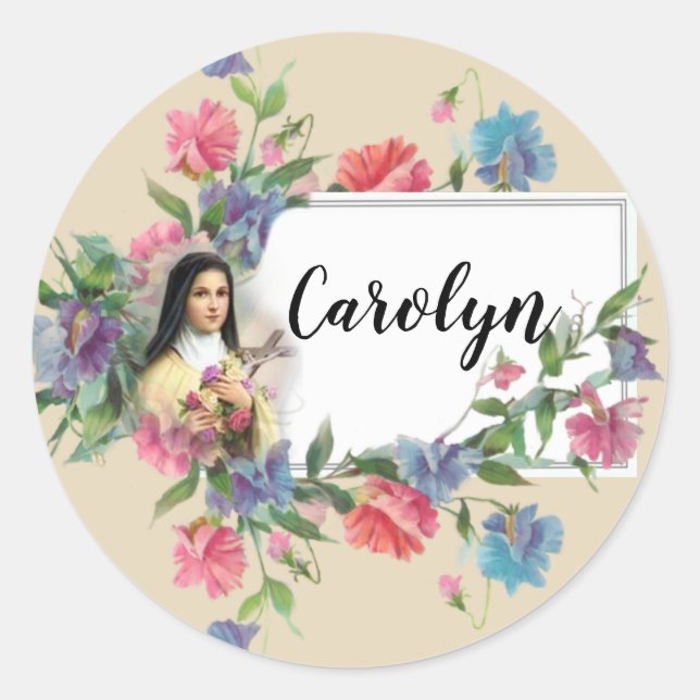 Pegatina Redonda Santa Teresa de Lisieux Personalizada (Anverso)