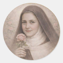 Pegatina Redonda Santa Teresa de Lisieux sosteniendo una rosa rosa