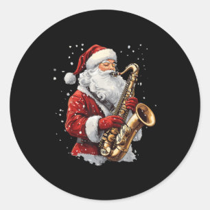 Pegatina Redonda Santa tocando saxofón Músico de Navidad Saxofonist