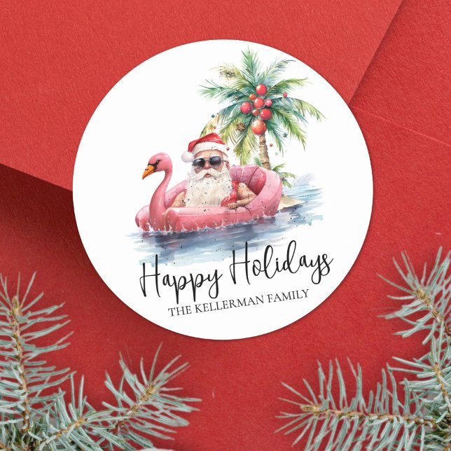 Pegatina Redonda Santa Tropical Beach Felices Fiestas Navidades (Santa Tropical Beach Happy Holidays Christmas Classic Round Sticker)