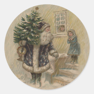Pegatina Redonda Santa Vintage Nieve Árbol de Navidad