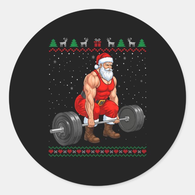 Pegatina Redonda Santa Weightlifting Christmas Deadlift Gym Ugly Sw (Anverso)