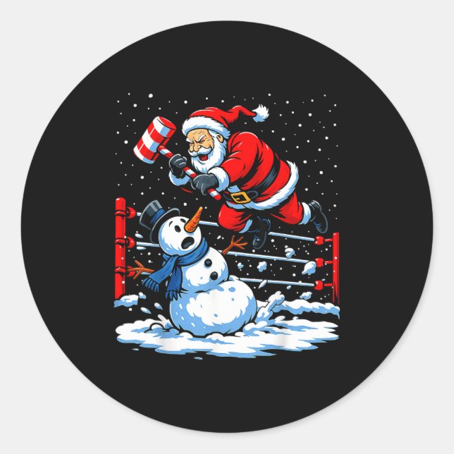 Pegatina Redonda Santa Xmas Snow Lights Wrestling Funny Wrestling C (Anverso)