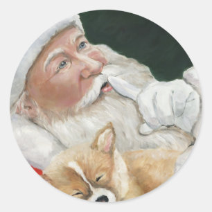 Pegatina Redonda Santa y Corgi pegan navidad