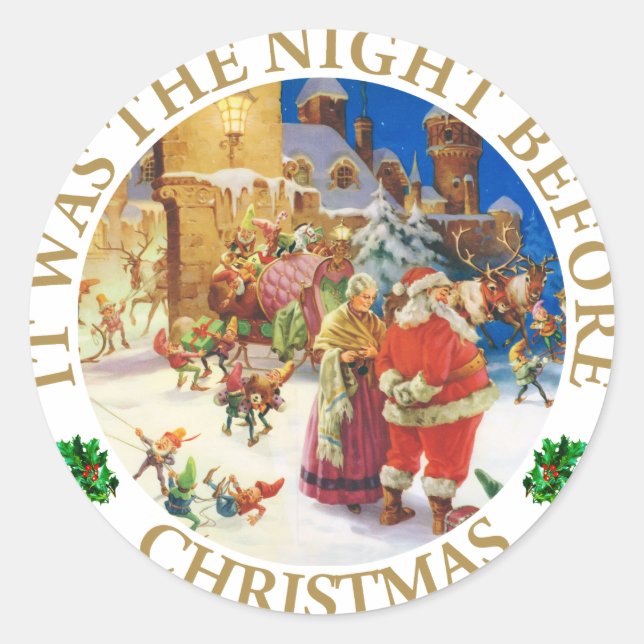 Pegatina Redonda Santa y la señora, Claus en la Noche de los Navida (Anverso)