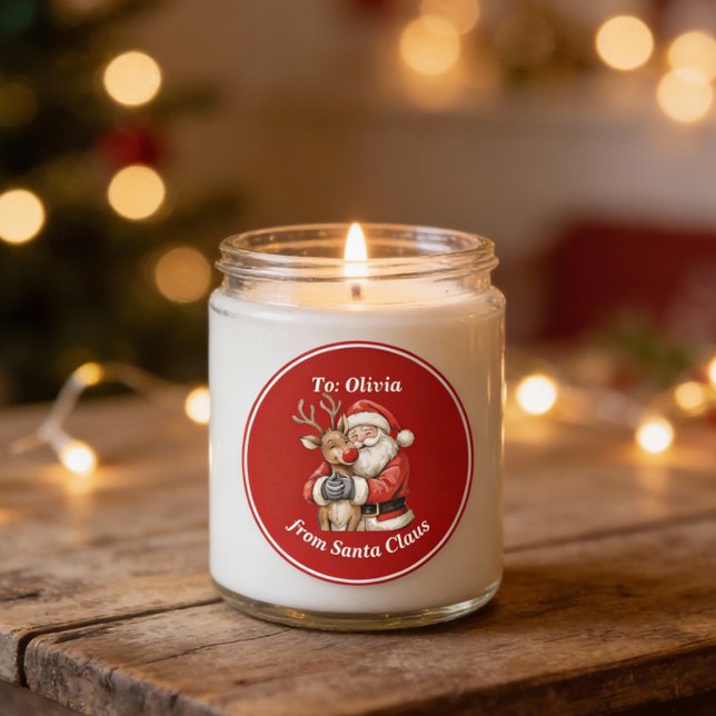 Pegatina Redonda Santa y los renos abrazan a los Navidades rojos Pe (Subido por el creador)