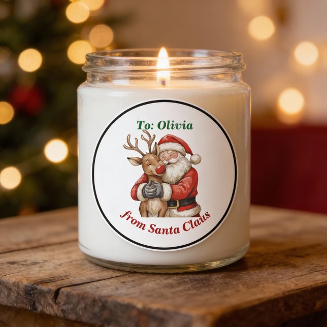 Pegatina Redonda Santa y los renos abrazan a los Navidades rojos Pe (Subido por el creador)