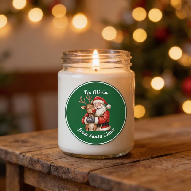 Pegatina Redonda Santa y los renos abrazan a los Navidades rojos Pe (Subido por el creador)