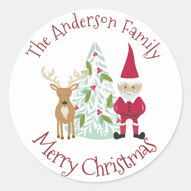 Pegatina Redonda Santa y los renos Feliz Navidad con nombre (Anverso)