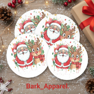 Pegatina Redonda Santa y Reno personalizados Acuarela Navidad