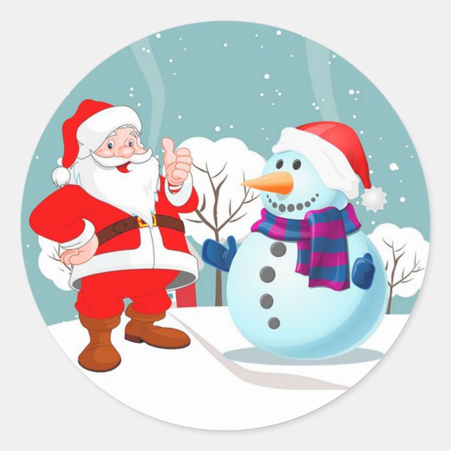 Pegatina Redonda Santa y Snowman (Anverso)