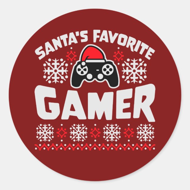 Pegatina Redonda Santa's Favorite Gamer Controller Christmas Gaming (Anverso)