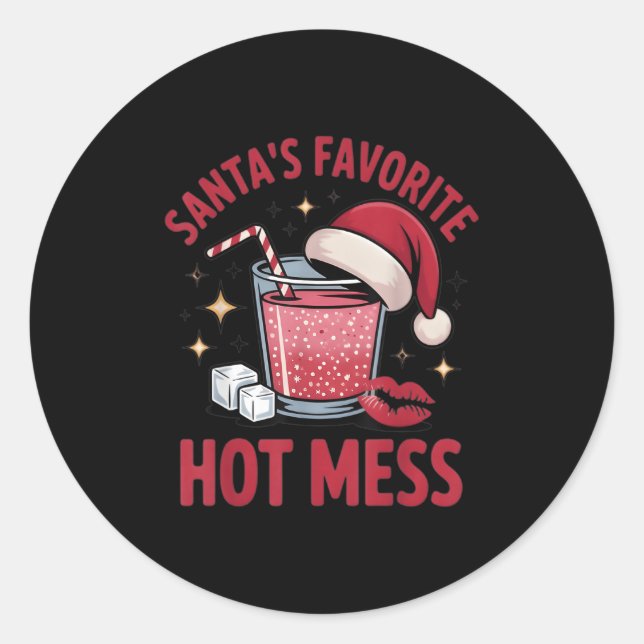 Pegatina Redonda Santa's Favorite Hot Mess Christmas Funny Margarit (Anverso)