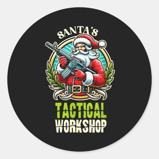 Pegatina Redonda Santa's Tactical Workshop Santa Has Guns And Chris (Anverso)