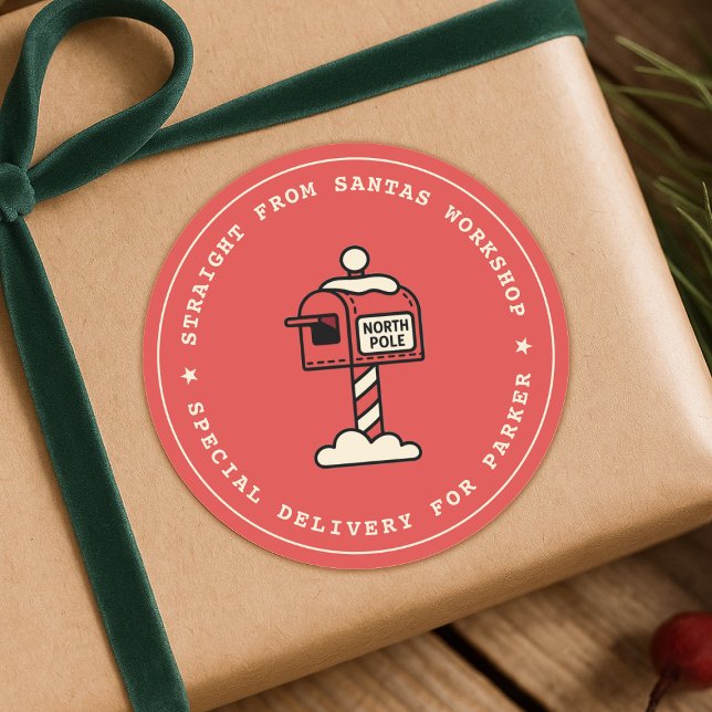 Pegatina Redonda Santas Workshop Sticker | North Pole Delivery (Playful mailbox illustration gift stickers for a special delivery straight from Santa's workshop)
