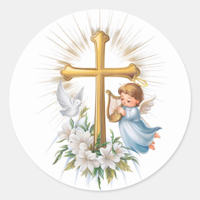 Pegatina Redonda Santísima Cruz y Cristiano Cupido (Anverso)