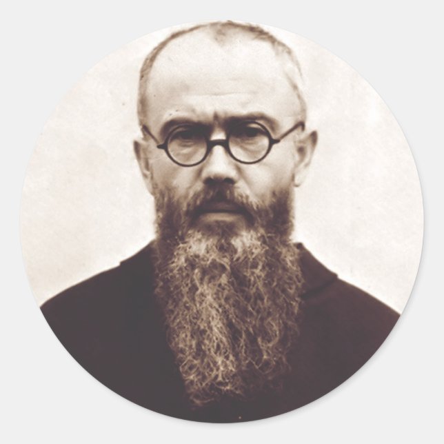 Pegatina Redonda Santo Maximiliano Kolbe sacerdote católico polaco (Anverso)