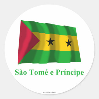 Pegatina Redonda Santo Tomé y Príncipe ondeando bandera con nombre 