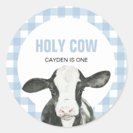 Pegatina Redonda Santo Vaca Cumploaños de una cuadros azules