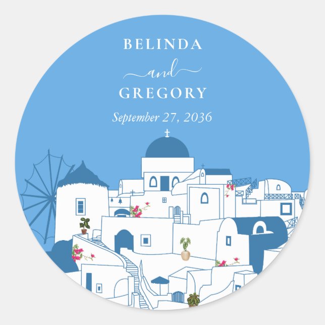 Pegatina Redonda Santorini Destination Greek Island Boda (Anverso)