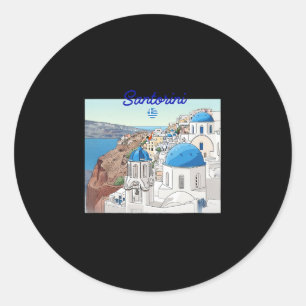 Pegatina Redonda Santorini Grecia Bandera Griega Arte de Vacaciones