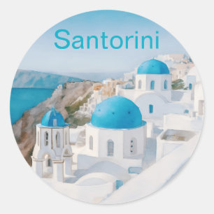 Pegatina Redonda Santorini, Grecia, con icónicas cúpulas azules