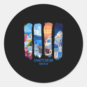Pegatina Redonda Santorini Grecia Thira Pincelada Viaje Recuerdo