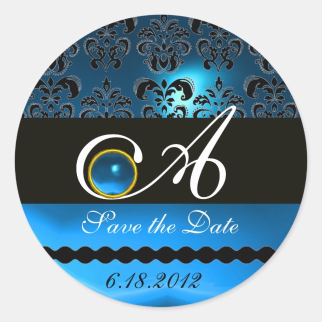PEGATINA REDONDA SAPPHIRE NEGRO Y AZUL DAMASK MONOGRAM, (Anverso)