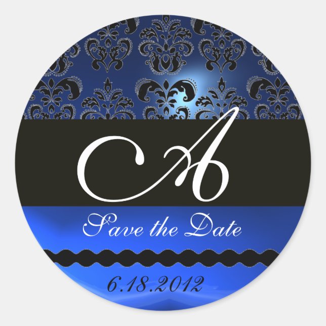 PEGATINA REDONDA SAPPHIRE NEGRO Y AZUL DAMASK MONOGRAM, (Anverso)