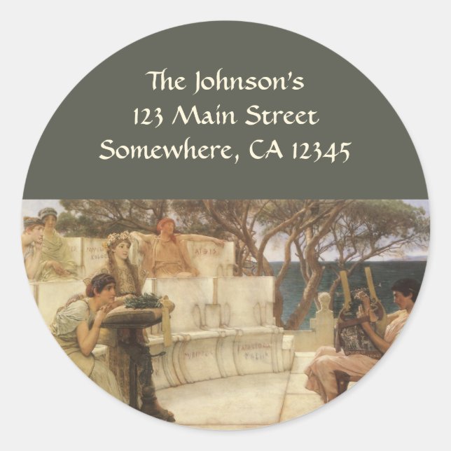 Pegatina Redonda Sappho y Alcaeus por Sir Lawrence Alma Tadema (Anverso)