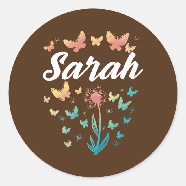 Pegatina Redonda Sarah Birthday Herster Butterfly Dandelion Nombre (Anverso)