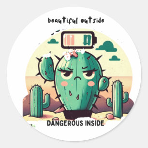Pegatina Redonda Sarcastic Cactus with Low Battery