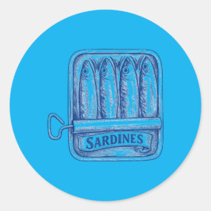 Pegatina Redonda Sardinas de Tinta Vintage Pescado Enlatado Marisco