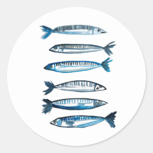 Pegatina Redonda sardinas portuguesas acuarela